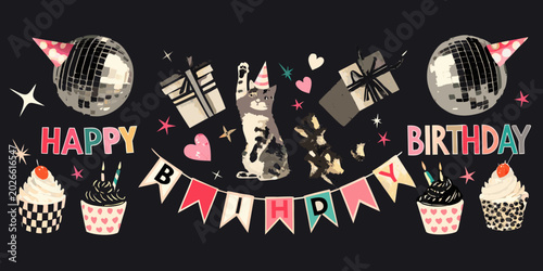 birthday sticker sheet with cat cupcakes and disco balls