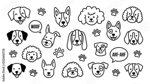Set of cute hand-drawn cartoon dog faces and doodles in black and white, featuring multiple breeds, playful expressions, and pet-themed illustrations.