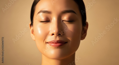 Serene asian woman with closed eyes and smooth glowing skin on beige background