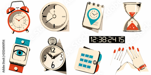 Photography vector collage of time themed icons and objects on white background
