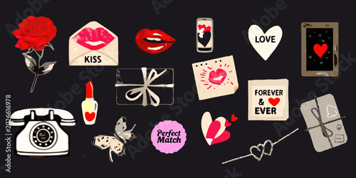 romantic collage with hearts roses and love themed objects