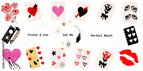 romantic icons and illustrations with hearts roses and lips