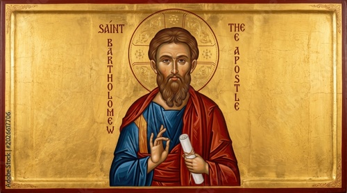 Saint Bartholomew Apostle portrait icon gold background