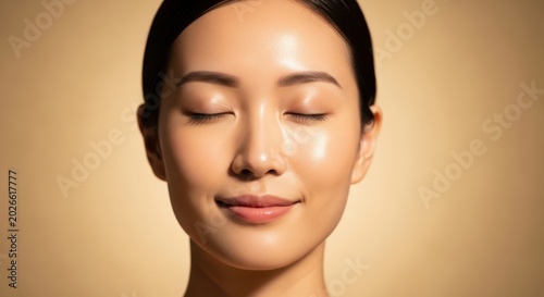 Closeup portrait of a serene asian woman with glowing skin and closed eyes on beige background