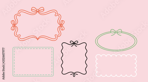 Pastel decorative frame set with ornate, scalloped, and dotted borders on a pink background for scrapbooking, invitations, and digital design projects
