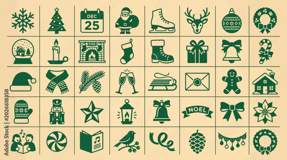 Fototapeta premium Collection of Christmas icons and festive symbols for holiday design, featuring trees, gifts, ornaments, snowflakes, reindeer, sleighs, stockings, wreaths, bells, candy canes, holly, and more.