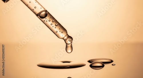 A dropper with a single drop falling onto a surface with other drops
