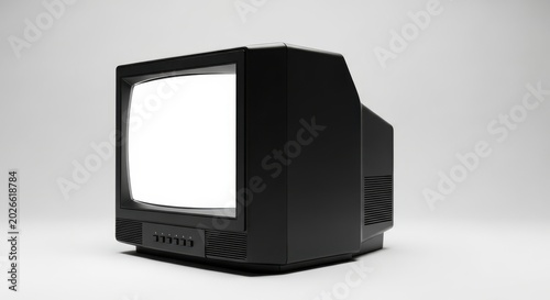 A black old television set with a blank screen on a gray background