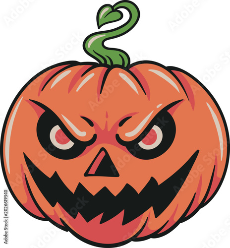 Schilderij op canvas Hand-drawn angry jack-o-lantern pumpkin with jagged mouth, glowing eyes, and gre