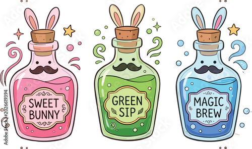 Bild auf Leinwand Cute Magic Potion Bottle Collection with Bunny Ears Mustache and Fantasy Cartoon