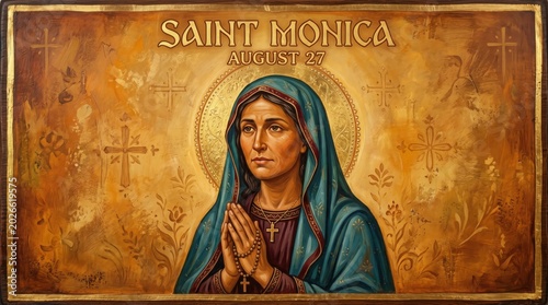 Saint Monica, praying, icon, religious artwork, gold background
