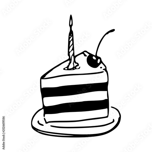 hand-drawn birthday cake slice with candle and cherry vector illustration