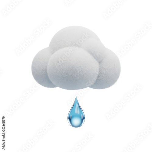 3D render of a fluffy white cloud with a single blue water drop falling.