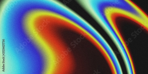 Cuadro en lienzo Abstract grainy texture background with dynamic fluid neon swirls, featuring smooth blue, yellow, and orange gradient waves on a black backdrop