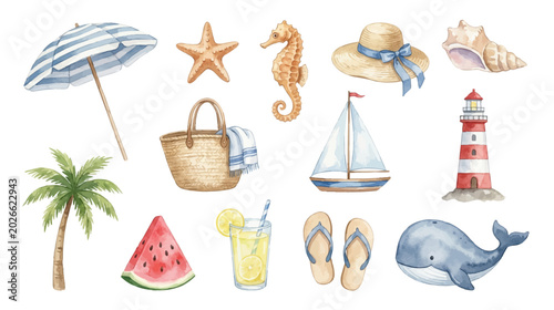 Εκτύπωση καμβά Watercolor beach clipart with nautical summer accessories and seaside decor png