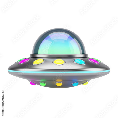 Metallic UFO spacecraft with glowing multicolored lights isolated on white background.