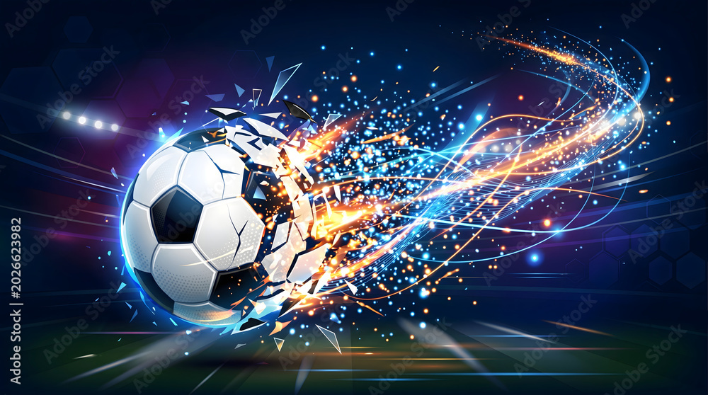 Fototapeta premium Explosive soccer ball illustration with vibrant energy trails, symbolizing dynamism and sports excitement