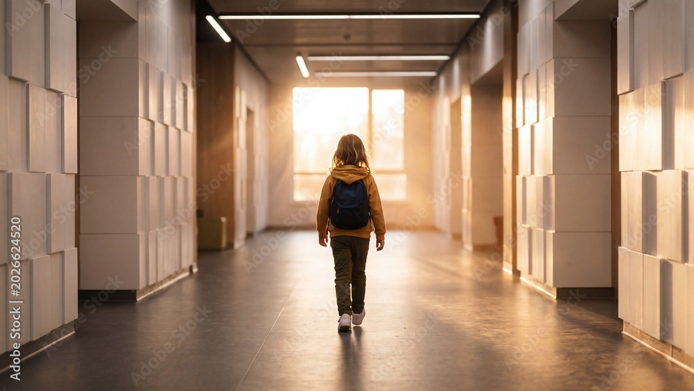 Obraz premium Girl walking down modern school hallway towards sunlight. Student with backpack heading to class. Back to school concept and first day excitement in educational environment