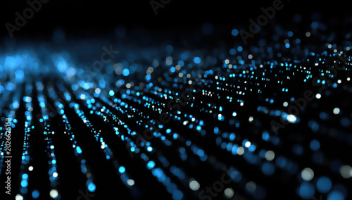 Glowing blue and white particles create an ethereal, abstract digital landscape