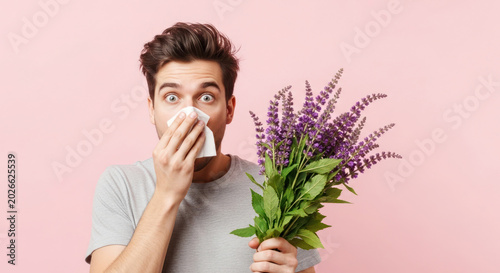 Young man holding bouquet of flowers while sneezing into tissue against a pink background, expressing allergy discomfort
