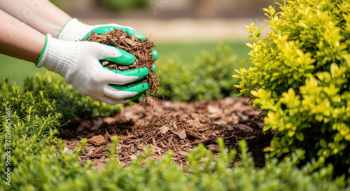Hands wearing gloves applying mulch to a garden bed surrounded by lush green shrubs in a well-maintained outdoor space