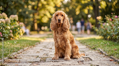 Quadro su tela Cute golden-brown English Cocker Spaniel dog sitting attentively on a cobbled path in a park on a sunny day