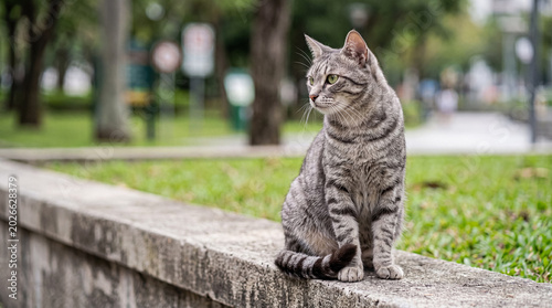 Fotografija Serene grey tabby cat sitting gracefully on a concrete wall, observing its tranquil park environment