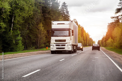 Large white semi truck driving on multi lane highway with other vehicles, surrounded by dense green forest trees, warm sunlight