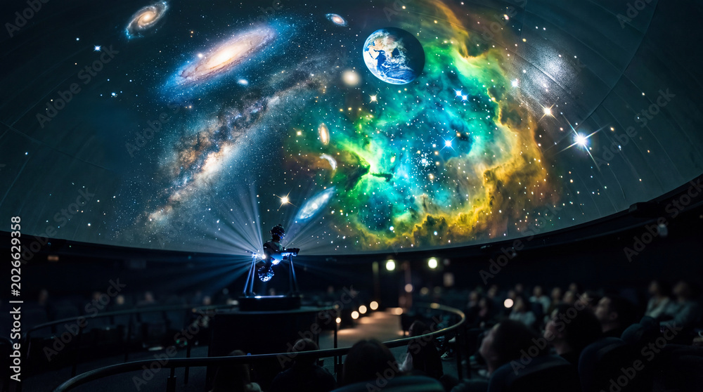 Naklejka premium Planetarium show with projected galaxies nebula and earth. Astronomer presenting cosmic universe to audience in domed theater