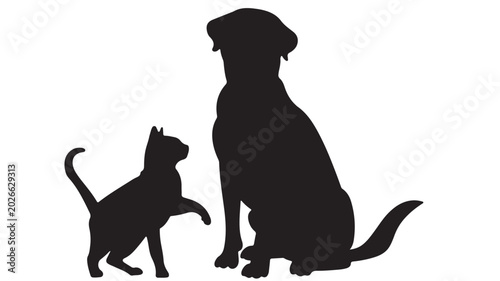 Minimalist cat and dog silhouette vector, black pet animal silhouettes on white background, veterinary clinic and pet shop logo graphics