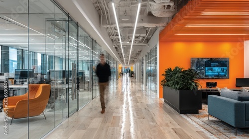 Modern corporate office interior with glass walls