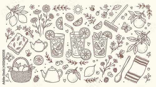 Photos Hand-drawn illustration of summer drinks, fruits, and garden elements, evoking a sense of refreshment and nature