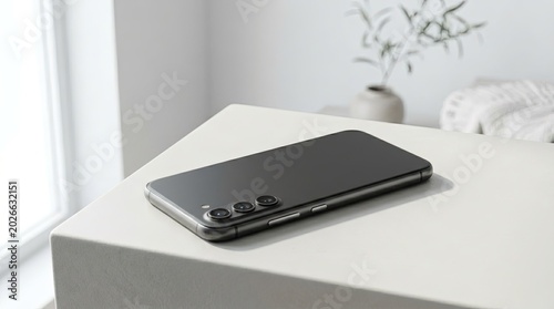 Modern smartphone with triple camera lens on a white surface