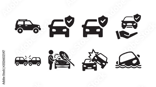 Car insurance icons set, vehicle accident and road safety pictograms, 8 black vector symbols for automotive protection and traffic collision services