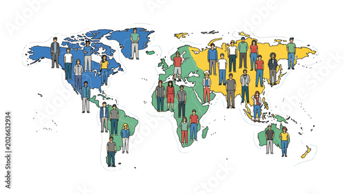 Global Community on World Map: Diverse group of people representing different cultures and continents stand on a stylized world map, symbolizing global connection and unity.