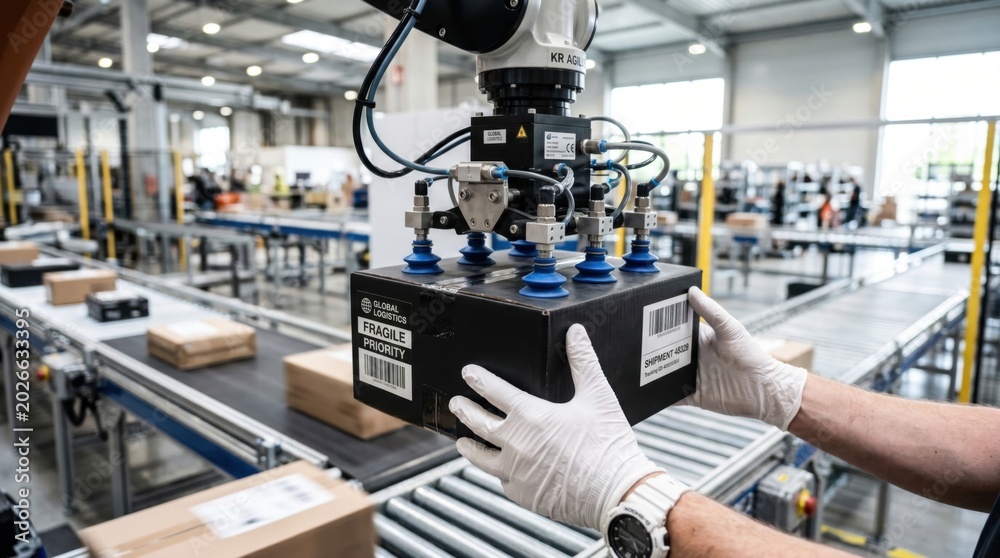 Obraz premium Robotic arm with vacuum grippers sorting parcels on a conveyor belt under technician supervision. Advanced automation in high-end logistics and e-commerce fulfillment center.