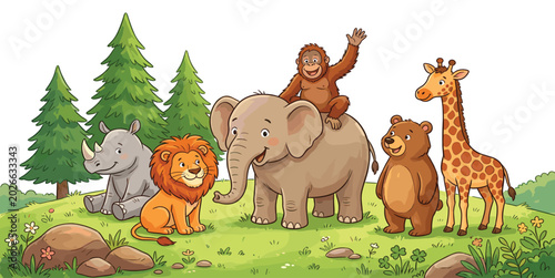 Photography Cute Wild Animals Group with Lion Elephant Giraffe Bear Rhino and Monkey in a Be