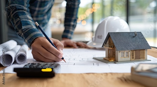 Architectural Design and Planning Process with Blueprints and Model House.