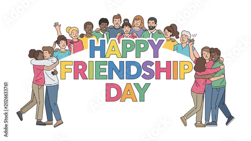 Foto Happy Friendship Day: A diverse group of friends celebrate Friendship Day, depicted with joyful embraces and warm smiles beneath colorful lettering that proclaims HAPPY FRIENDSHIP DAY