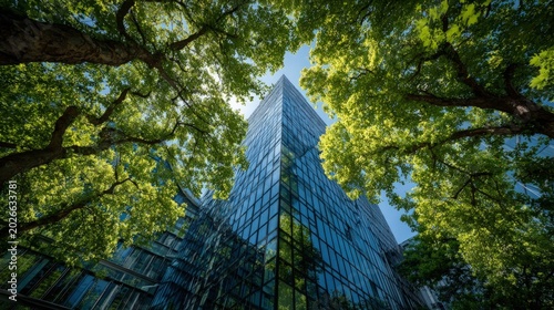 Modern triangular glass building facade peaking through the vibrant green leaves of city trees.