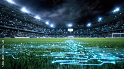 Futuristic Football Stadium with Digital Circuitry Overlay.