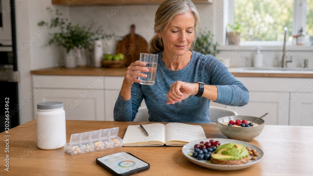 © Maryia - Women preventive health routine with mature woman tracking wellness habits at breakfast, showing midlife self care, hydration and proactive daily health management. © Maryia - Women preventive health routine with mature woman tracking wellness habits at breakfast, showing midlife self care, hydration and proactive daily health management.