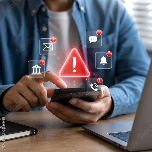 Cyber Security Alert: Man Using Smartphone with Holographic Warning Icons, Cyber Fraud, Hacking, and Data Breach Concept