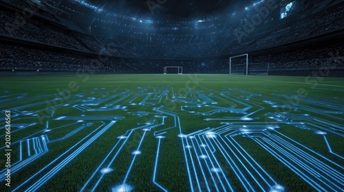 Futuristic Soccer Stadium with Digital Circuitry Overlay.