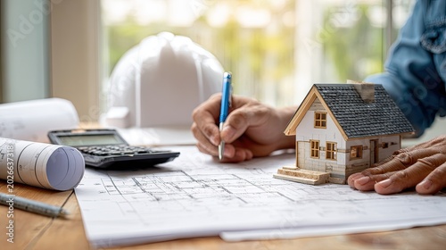 Hands working on house building plans.
