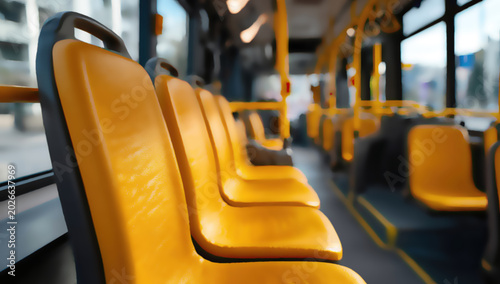 Rows of empty yellow bus seats in daytime, city view through window