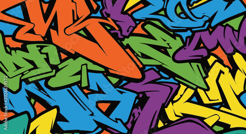 Vibrant abstract graffiti pattern with colorful overlapping street art shapes