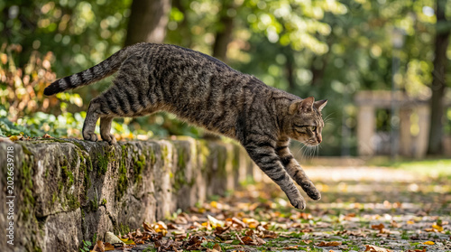 Fotografía Agile tabby cat gracefully leaping from a mossy stone wall onto autumn leaves, photograph