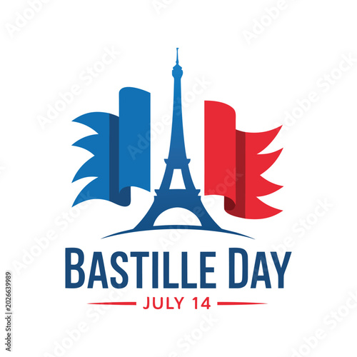 Bastille Day July 14 Celebration Vector Logo with Eiffel Tower and French Flag Design