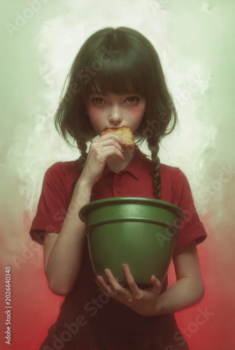 A young girl with dark hair in braids, wearing a red collared shirt, holds a large green pot while eating a piece of bread, her gaze fixed directly on the viewer against a softly blurred, gradient bac